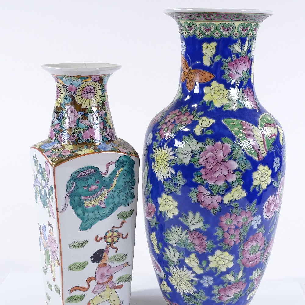 A Chinese porcelain blue ground vase, with butterflies and flowers, height 37cm, and a Chinese - Image 3 of 3