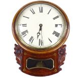 A 19th century mahogany-cased 8-day drop dial wall clock, with brass inlaid carved case and