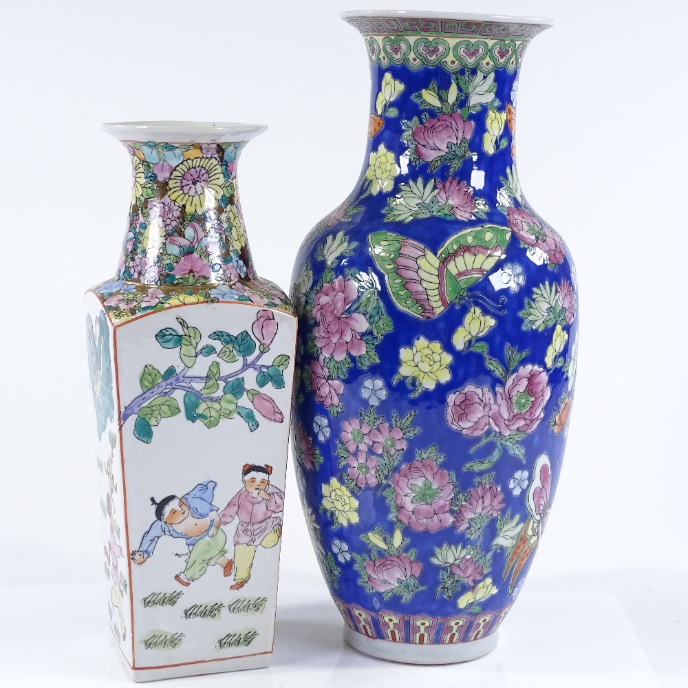 A Chinese porcelain blue ground vase, with butterflies and flowers, height 37cm, and a Chinese - Image 2 of 3