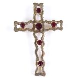 A 9ct gold garnet cross pendant, with open work settings, height 37.2mm, 5g