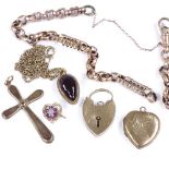 A group of various 9ct gold jewellery, including faceted belcher link bracelet, heart padlock, cross