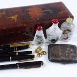 A group of 5 Vintage fountain pens with gold nibs, 3 Oriental porcelain and glass snuff bottles,