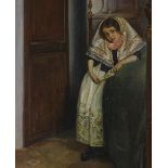 Follower of John Burgess, 19th century oil on canvas, girl in an interior, unsigned, 34" x 18",