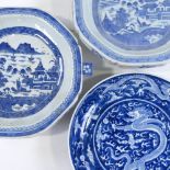 2 Chinese blue and white porcelain warming plates, and 1 other blue and white dragon plate (3)