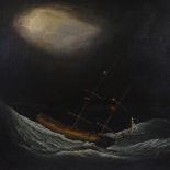 18th / 19th century oil on canvas, shipwreck on moonlit seas, indistinctly signed, 25" x 30", framed