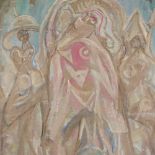 Early 20th century, unstretched oil on canvas, abstract Tribal figures, unsigned, 24" x 19.5",