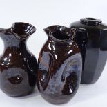 3 pieces of glazed Studio pottery, comprising a cut sided Tenmoku vase with maker's mark, and pair