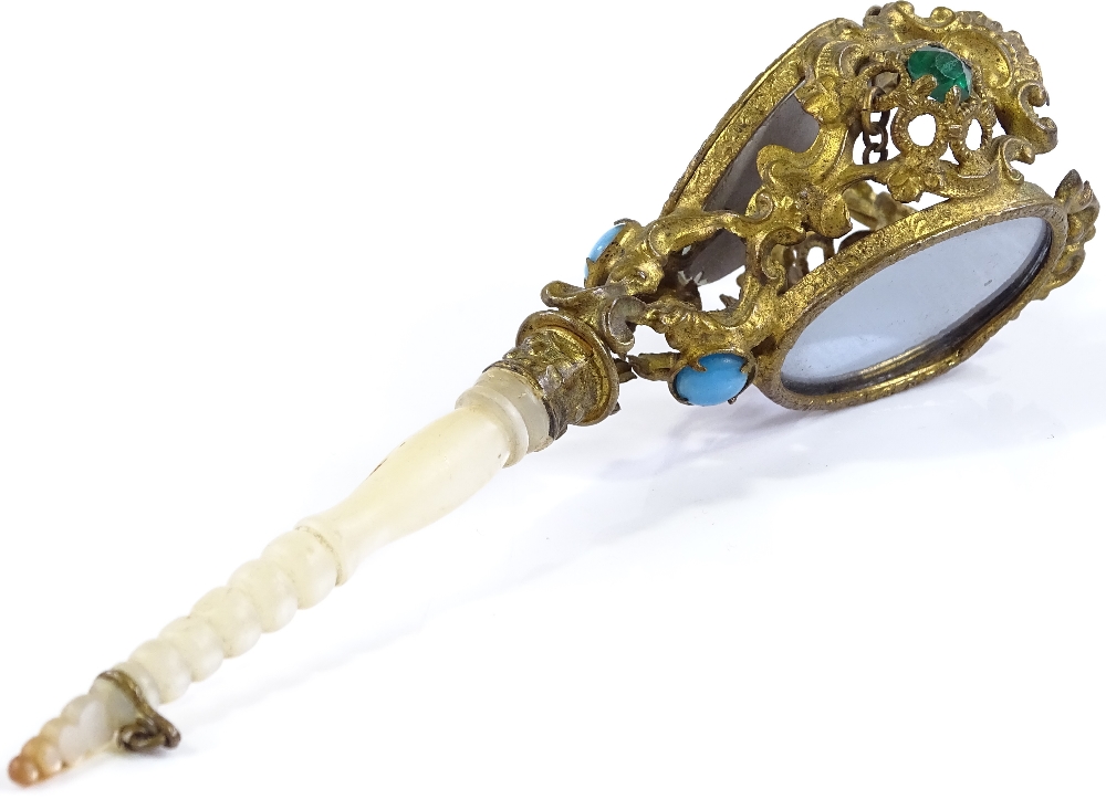 A Victorian gilt-metal posy holder, with inset mirrors and paste stones, and turned mother-of- - Image 3 of 3