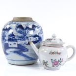 A Chinese blue and white porcelain ginger jar (no lid), and a Chinese porcelain teapot (2)