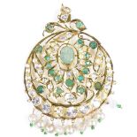 An Eastern unmarked yellow metal emerald green stone,white stone and pearl pendant, with pierced