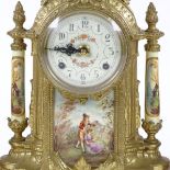 A reproduction gilt-brass cased 3-piece clock garniture with ceramic panels, clock height 40cm