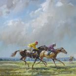 Brian O'Hanlon, oil on board, horse racing scene at Newmarket, 18" x 26", framed