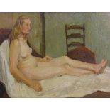Modern British School, oil on board, reclining nude, 19" x 27", framed