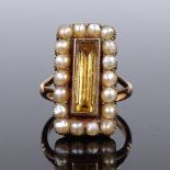 A 9ct gold citrine and pearl tablet ring, with long rectangular-cut central citrine surrounded by