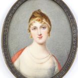 An early 19th century miniature watercolour on ivory, head and shoulders portrait of a Classical