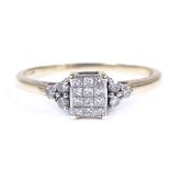 A 9ct gold diamond cluster panel ring, with Princess-cut central panel and round-cut diamond
