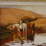 Oil on board, farmer and horses watering at the pond, unsigned, 11" x 12.5", framed