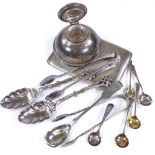 Various silverware, comprising Capstan inkwell, cigarette case, sugar tongs, spoons etc, 10oz