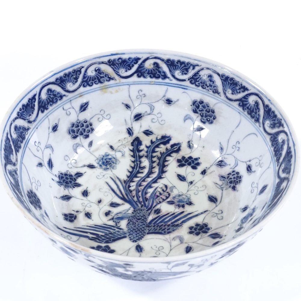 A Chinese blue and white porcelain bowl, with enamel phoenix design, diameter 20cm - Image 2 of 3