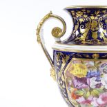 A 19th century Derby 2-handled vase, hand painted botanical decorated panel in blue and gilt ground,