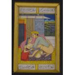 Indian School, 3 miniature watercolour erotic studies with text inscriptions, mounted in single