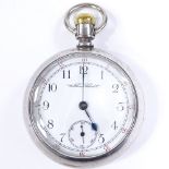 A steel cased open-face top-wind Waltham pocket watch, Arabic numerals with subsidiary seconds