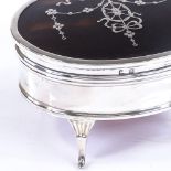 An oval silver and tortoiseshell picquet inlaid jewel box, by Adie Brothers, hallmarks Birmingham