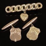 A pair of 9ct gold shield-shaped cufflinks, together with a 9ct gold bar brooch, 5.6g total