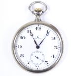 A steel cased open-face top-wind Omega pocket watch, Arabic numerals with subsidiary seconds dial,