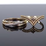 A 9ct gold diamond set wishbone ring, size M, together with a 9ct gold diamond crossover ring,