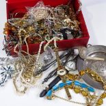 Various silver and costume jewellery, including a silver pin dish, necklaces, and Escalado horses