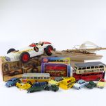 A group of toys, including a boxed Mettoy Friction Drive Thunderbird racing car