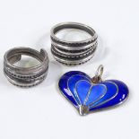 A Norwegian sterling silver and blue enamel heart pendant, by David Andersen, together with 2 Viking