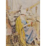 William Cuthbertson, watercolour, woman on the deck of a boat, 8" x 6", framed