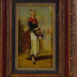 19th century oil on board, woman playing a hurdy-gurdy, unsigned, 10" x 6", framed
