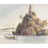 19th century Chinese School, watercolour, a rocky outcrop, 4.5" x 7", mounted