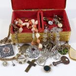 Various gold and costume jewellery, including a 9ct swivel fob, a silver charm bracelet etc