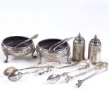 Various silverware, comprising silver salts, sugar tongs, spoons etc, 6oz total