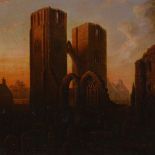 19th century Scottish School, oil on canvas, Elgin Cathedral at sunset, unsigned, 17" x 14", framed