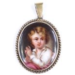 A miniature painted portrait pendant on ceramic, in gilt-metal rope twist frame, height excluding