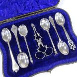 A cased set of 17th century style silver teaspoons and sugar tongs