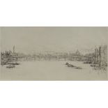 William Walcot, etching, Thames scene, signed in pencil, plate size 6" x 11.5", framed