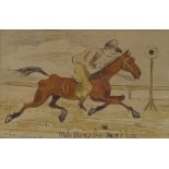 John Leech, pair of ink / watercolour horse racing caricature studies, 4" x 6.5", framed