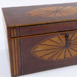 A 19th century mahogany and satinwood inlaid tea caddy, later velvet lining, width 26cm