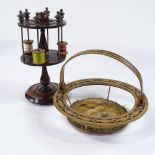 An unusual Victorian Tunbridge ware sewing basket, with inlaid parquetry bands and swing handle,