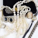 Various costume jewellery, including stone set clip earrings, a cameo brooch, and pearls