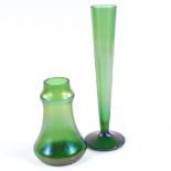 2 Loetz green iridescent glass vases, largest height 30cm