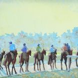 Clive Fredriksson, oil on board, early morning jockeys, 14" x 16", framed