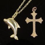 A 9ct gold dolphin pendant necklace, on 9ct chain, together with a 9ct gold cross pendant, 3.1g