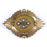A Victorian unmarked gold panel brooch, set with square-cut emerald and split pearls, length 51.7mm,